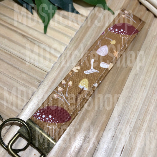 Brown Mushroom Print Fabric Keychain, Key Fob