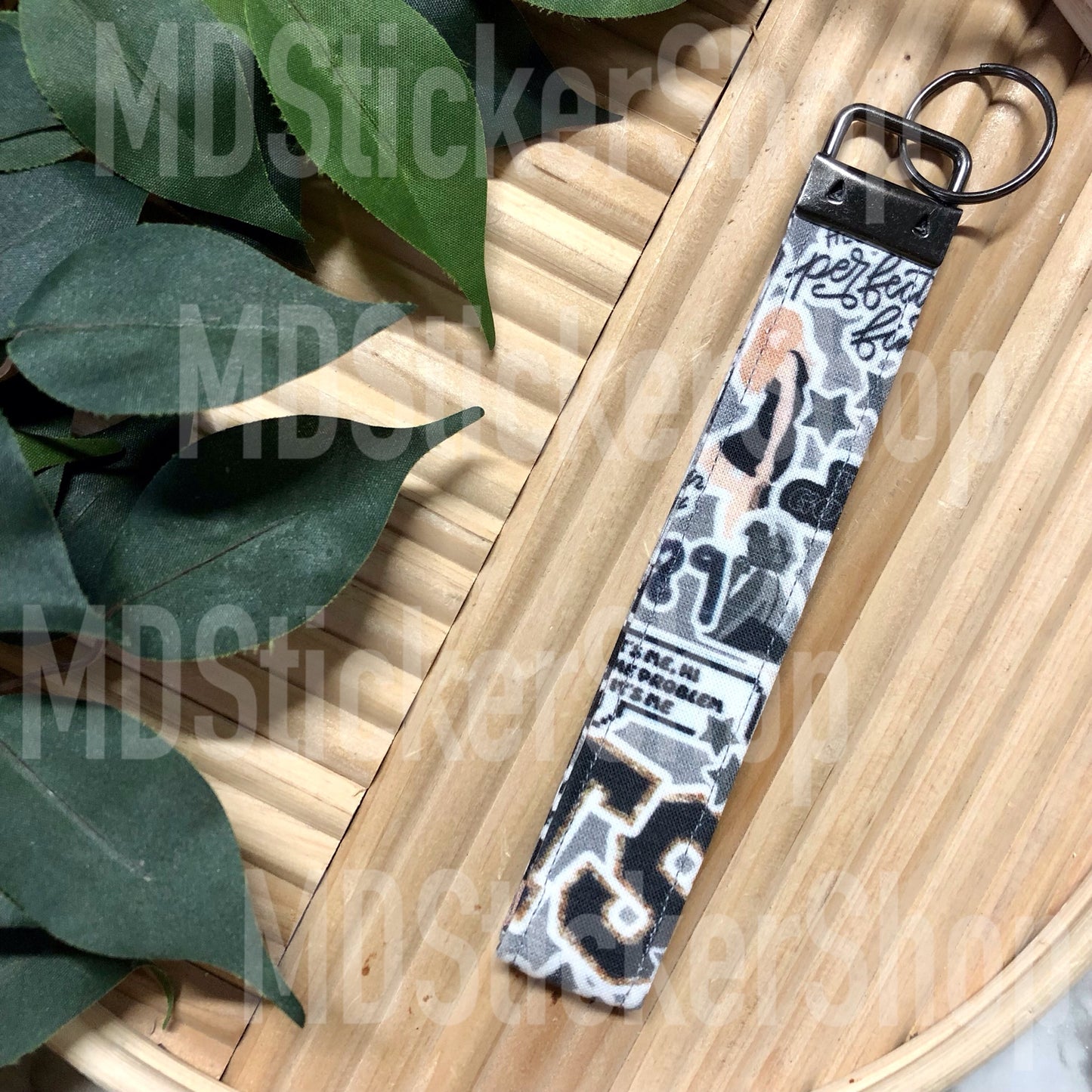 TS Grey Print Fabric Keychain, Key Fob