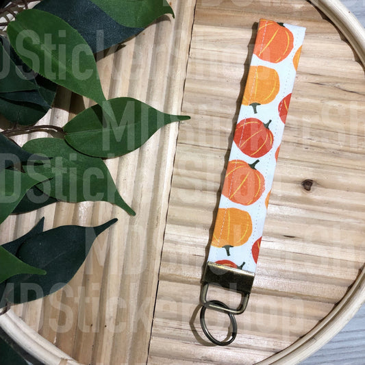Orange Pumpkin Print Fabric Keychain, Key Fob