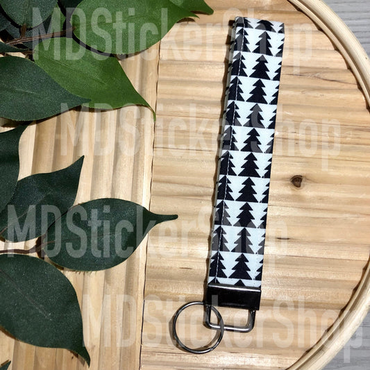 Black and White Tree Print Fabric Keychain, Key Fob