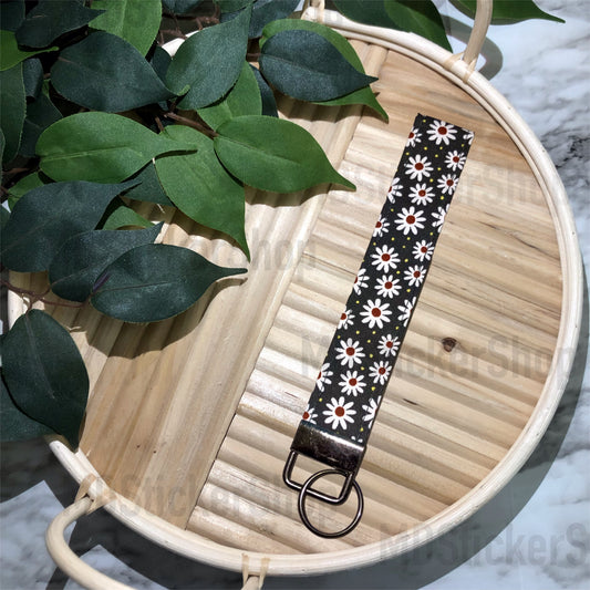 Deep Grey Floral Print Fabric Keychain, Key Fob