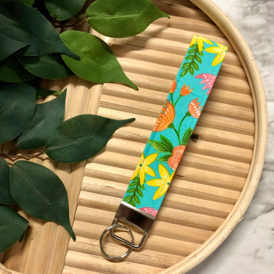 Tropical Floral Print Fabric Keychain, Key Fob