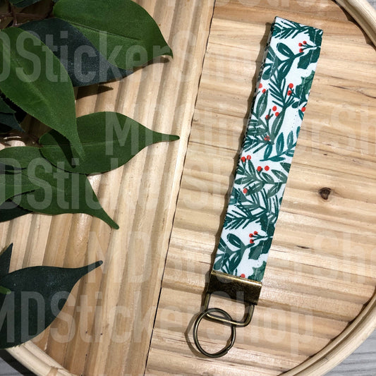 Holly Print Fabric Keychain, Key Fob