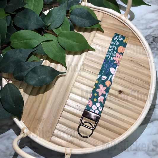 Deep Teal Floral Print Fabric Keychain, Key Fob