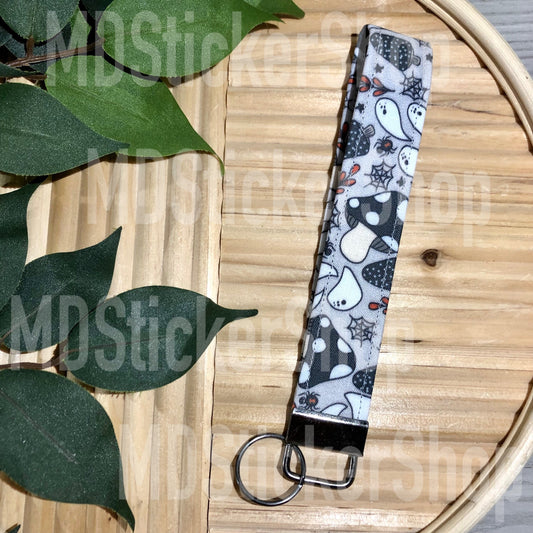 Ghosts and Mushroom Print Fabric Keychain, Key Fob