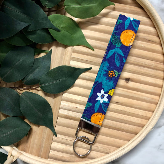 Oranges on Navy Print Fabric Keychain, Key Fob