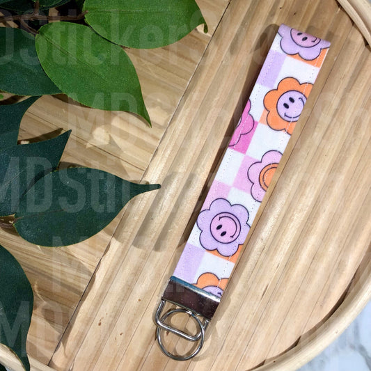Happy Flowers on Checkered Print Fabric Keychain