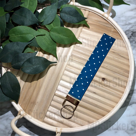 Navy Dot Print Fabric Keychain, Key Fob