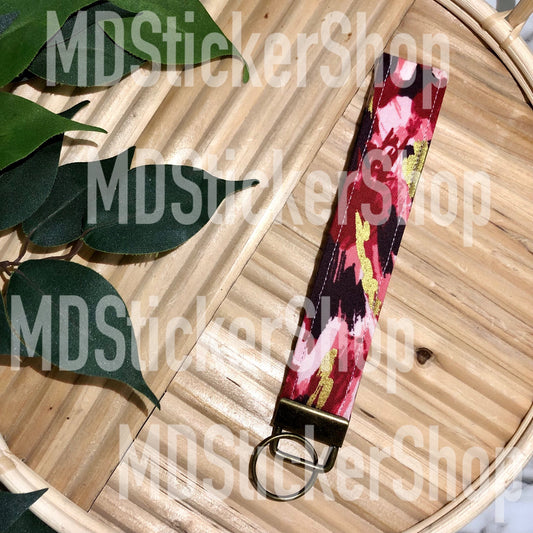 Red and Metallic Gold Swatch Print Fabric Keychain, Key Fob