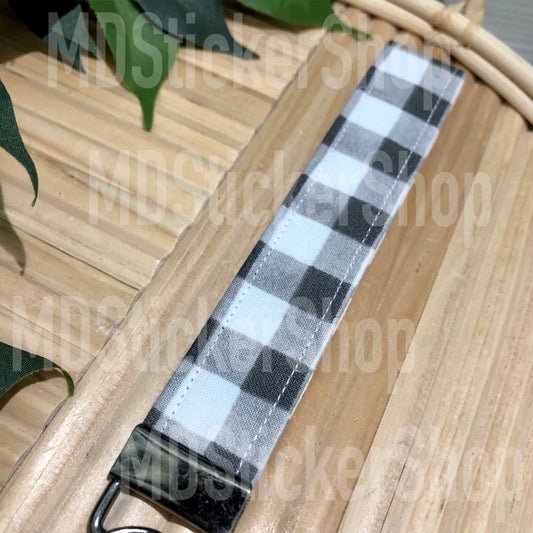 Charcoal and White Plaid Print Fabric Keychain, Key Fob