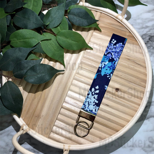 Navy Hydrangea Print Fabric Keychain, Key Fob