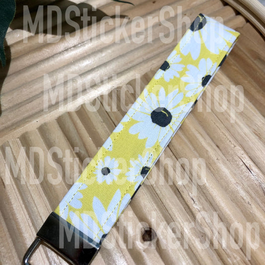 Yellow Daisy Print Fabric Keychain, Key Fob