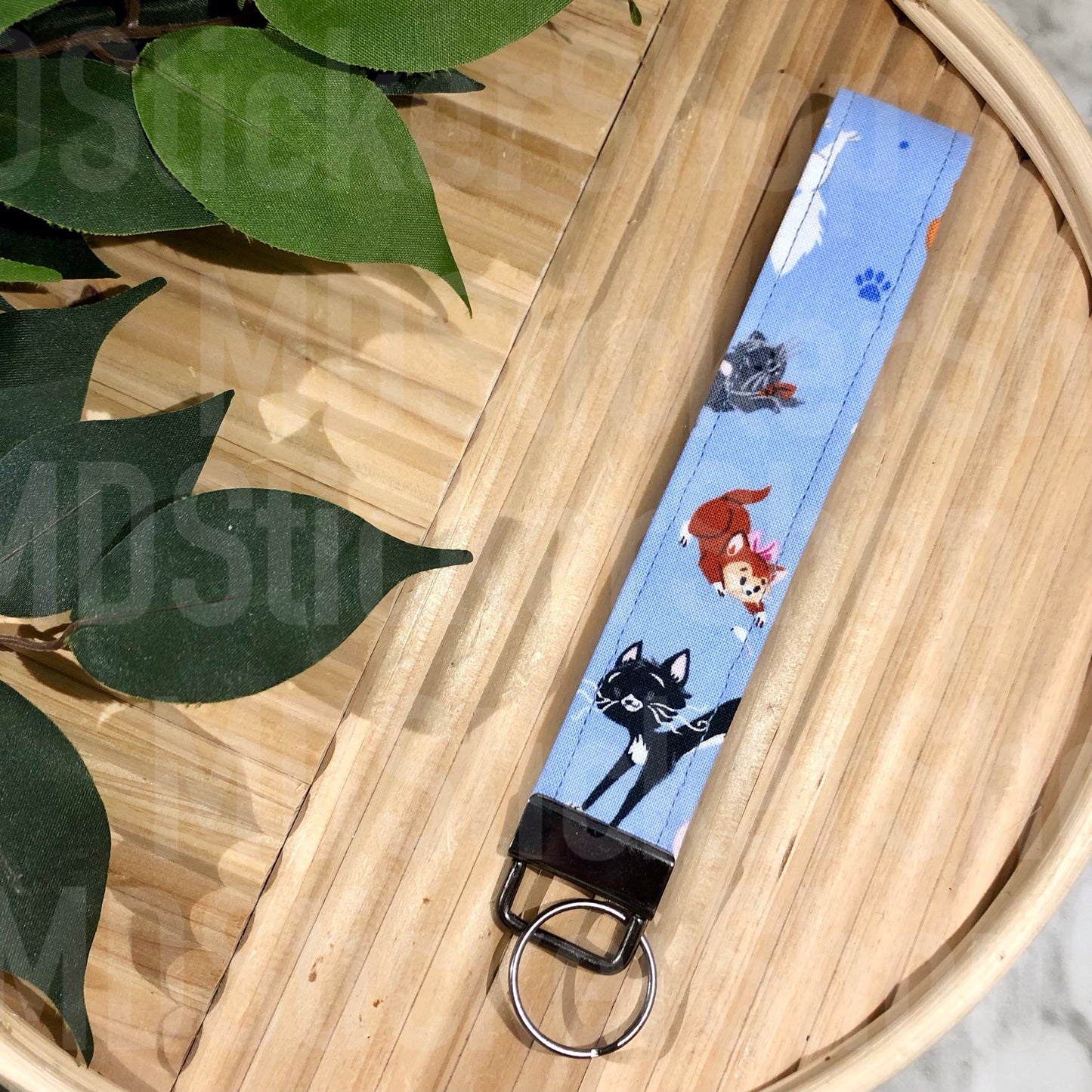 Cartoon Kitties on Blue Print Fabric Keychain