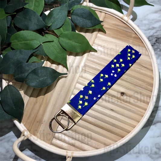 Mini Yellow Florals on Blue Print Fabric Keychain, Key Fob