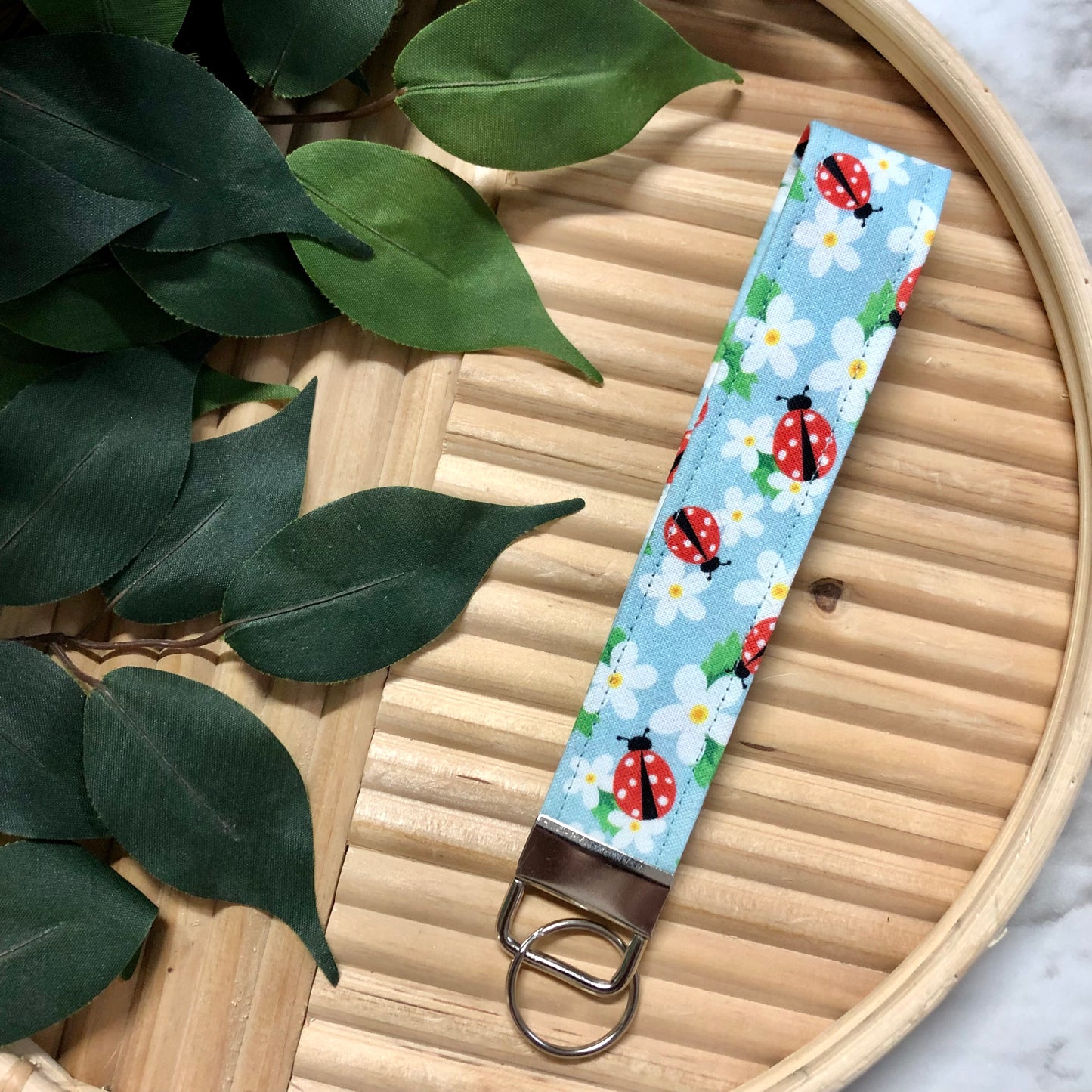 Floral Ladybug Print Fabric Keychain, Key Fob