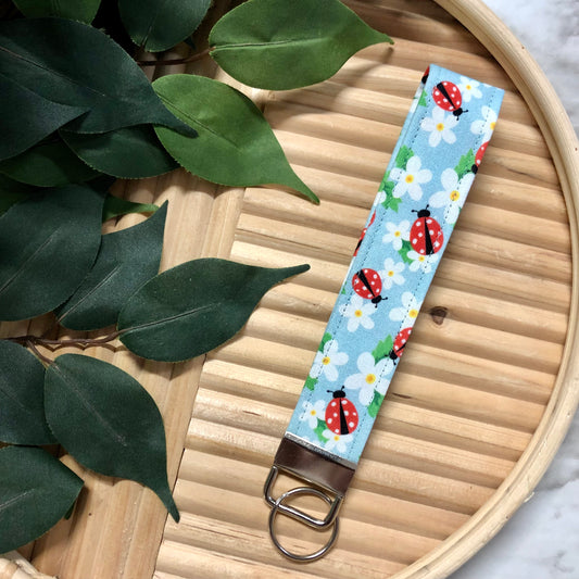 Floral Ladybug Print Fabric Keychain, Key Fob
