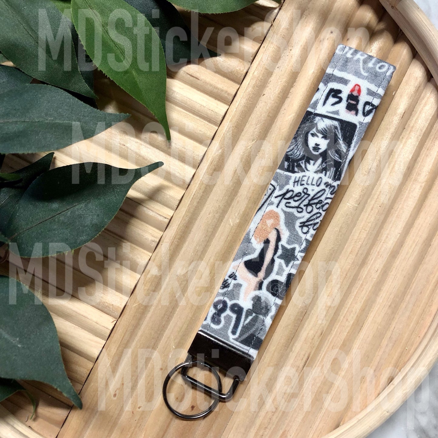 TS Grey Print Fabric Keychain, Key Fob