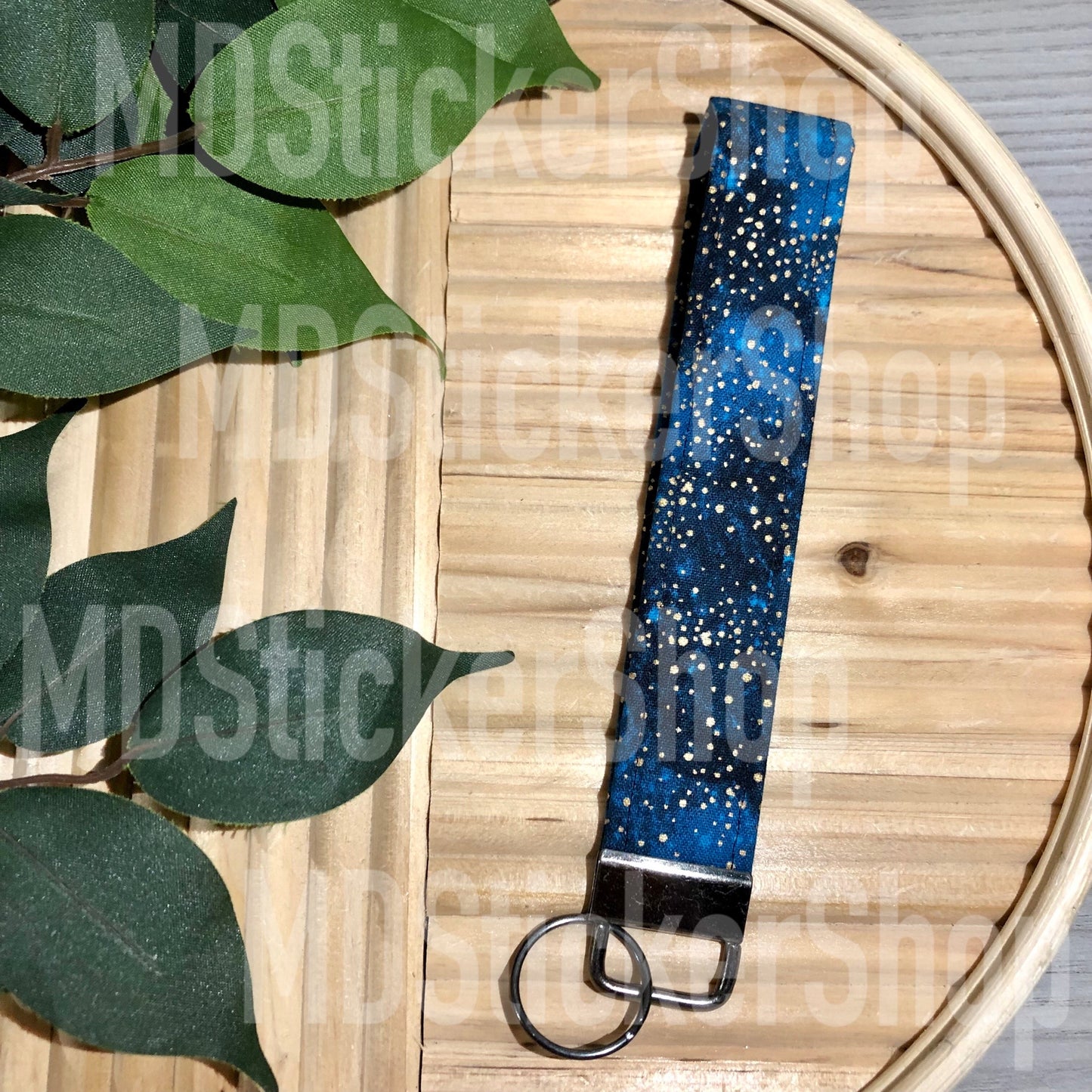 Metallic Gold Specs on Blue Print Fabric Keychain, Key Fob