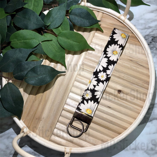Black Daisy Print Fabric Keychain, Key Fob