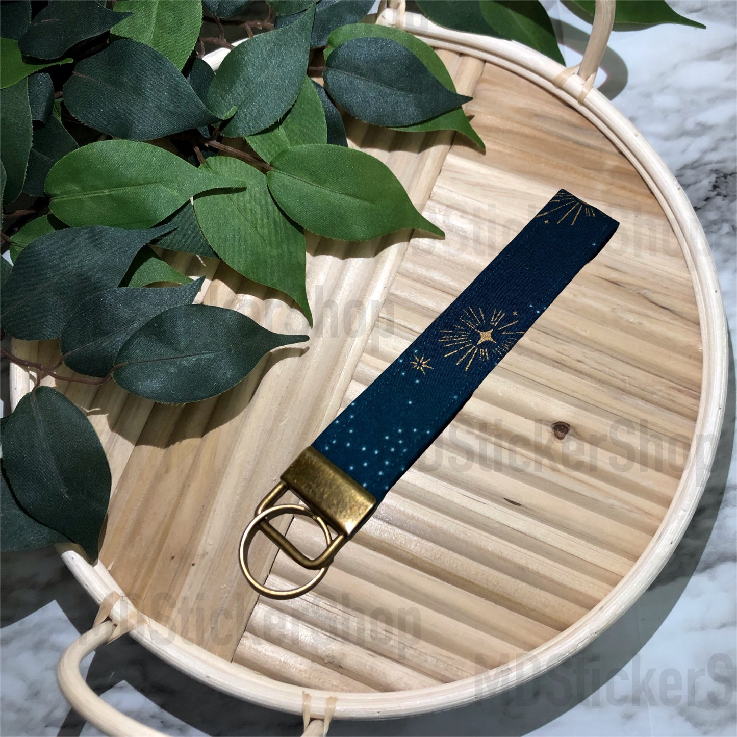 Gold Star Print Fabric Keychain, Key Fob