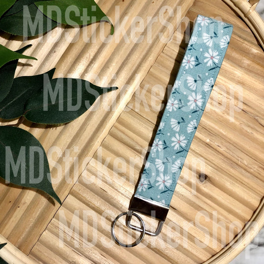 Muted Blue Floral Print Fabric Keychain, Key Fob
