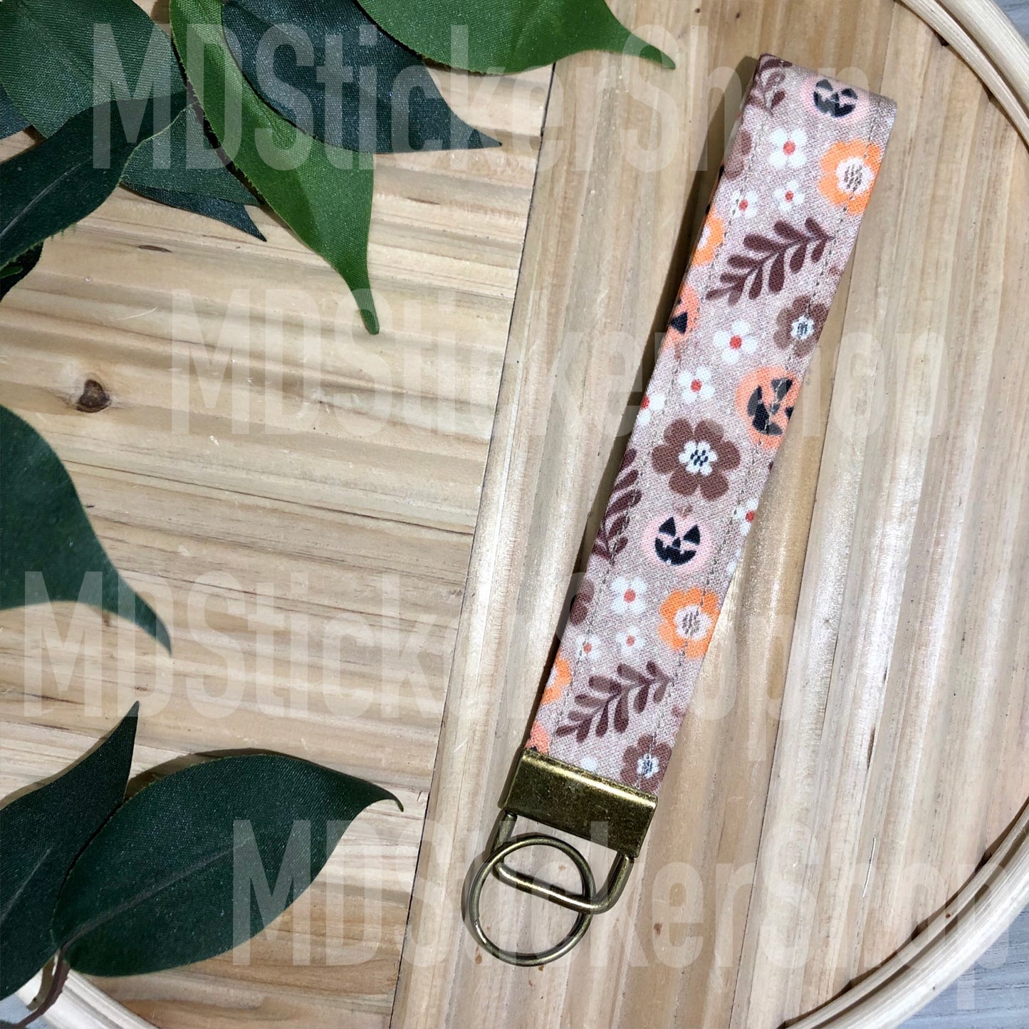 Floral Jack-O-Lantern Print Fabric Keychain, Key Fob
