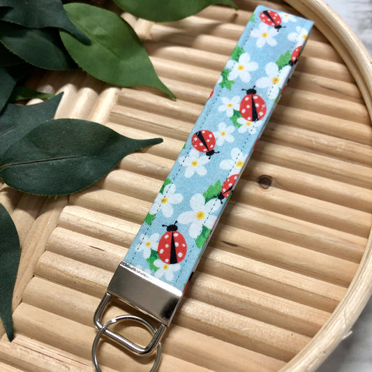 Floral Ladybug Print Fabric Keychain, Key Fob