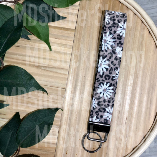 Cheetah Daisy Print Fabric Keychain, Key Fob