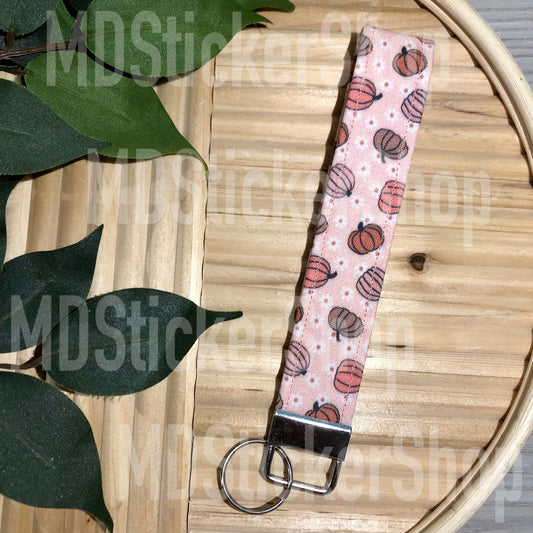 Neutral Daisy Pumpkin Print Fabric Keychain, Key Fob