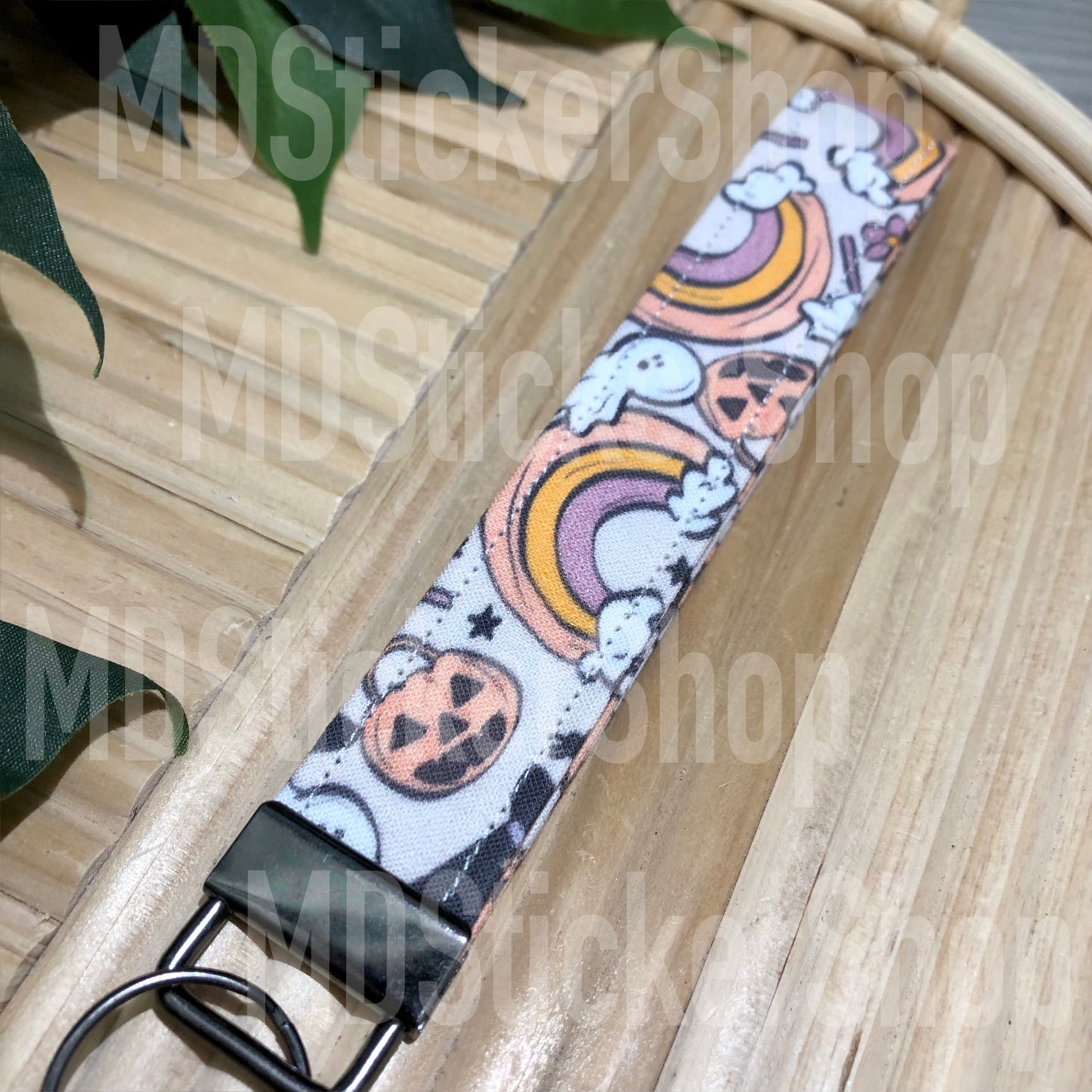 Halloween Rainbow & Pumpkin Print Fabric Keychain, Key Fob