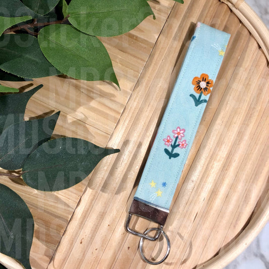 Single Flowers on Mint Print Fabric Keychain