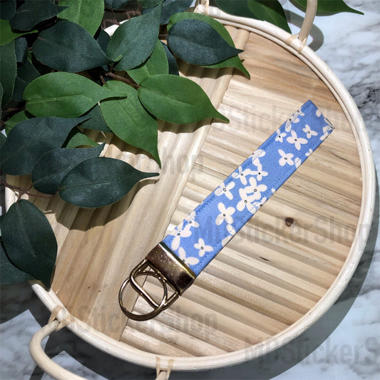 Sky Blue Forget Me Not Print Fabric Keychain, Key Fob