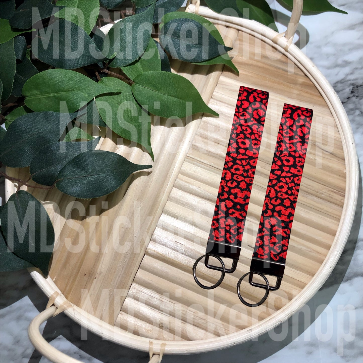 Red and Black Leopard Print Fabric Keychain, Key Fob