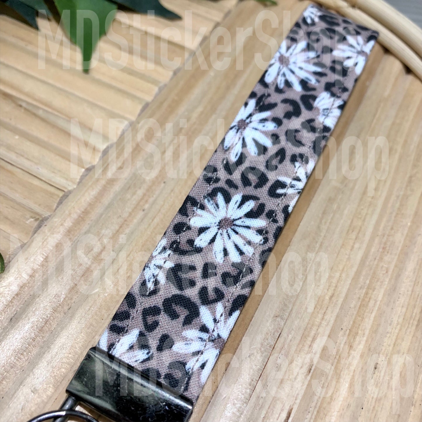 Cheetah Daisy Print Fabric Keychain, Key Fob