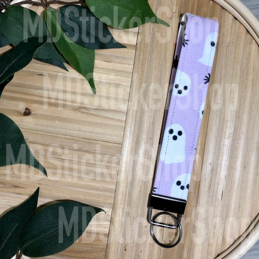 Purple Ghost Print Fabric Keychain, Key Fob