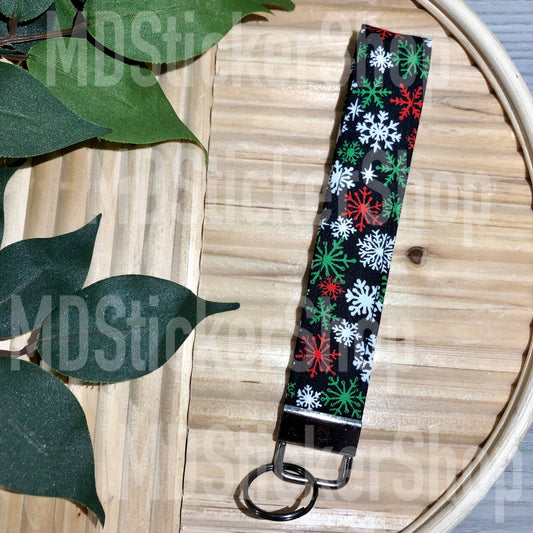 Black Snowflake Print Fabric Keychain, Key Fob