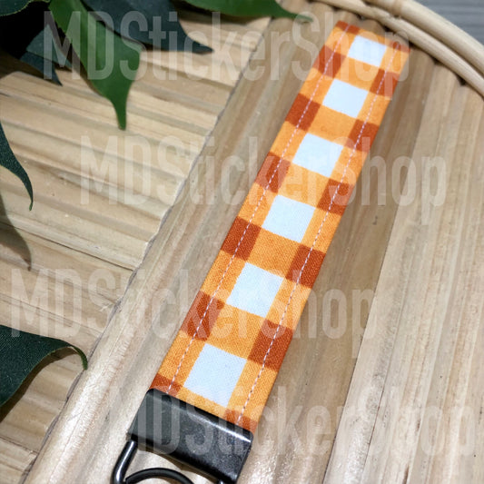 Orange and White Plaid Print Fabric Keychain, Key Fob