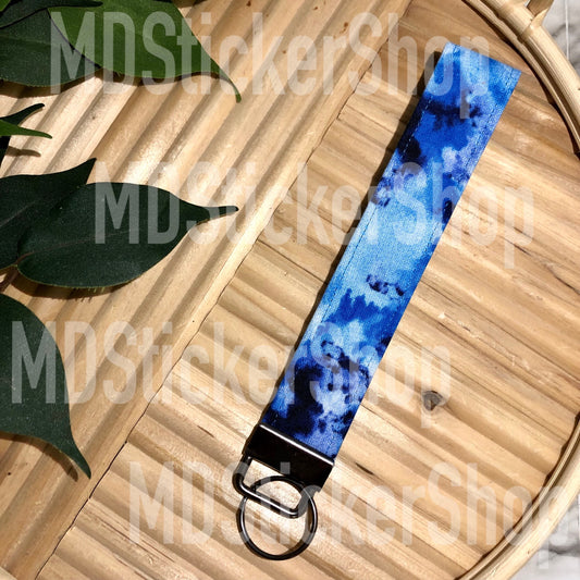 Blue Ink Dye Print Fabric Keychain, Key Fob