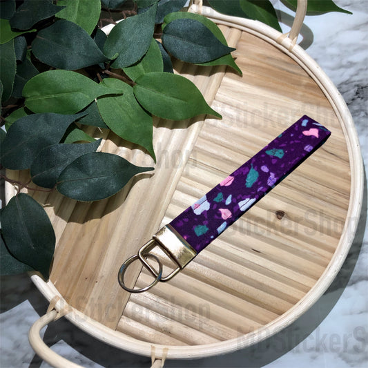 Purple Terrazzo Print Fabric Keychain, Key Fob