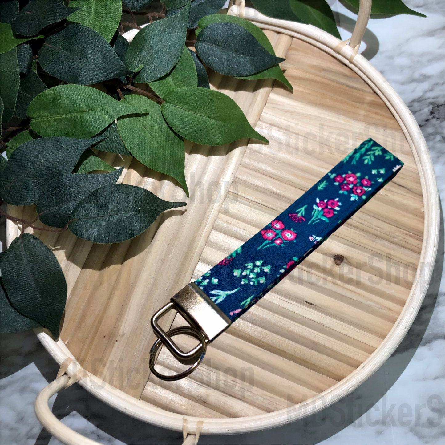 Pink/Green/Navy Floral Print Fabric Keychain, Key Fob