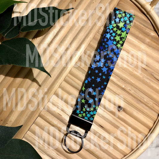 Blue/Green Star Print Fabric Keychain, Key Fob