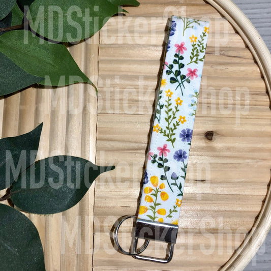 White Spring Garden Print Fabric Keychain, Key Fob