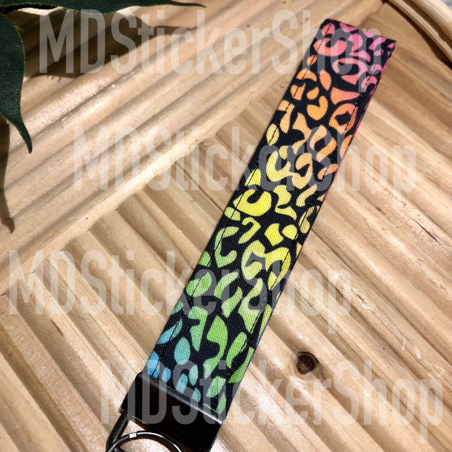 Black Rainbow Leopard Print Fabric Keychain, Key Fob