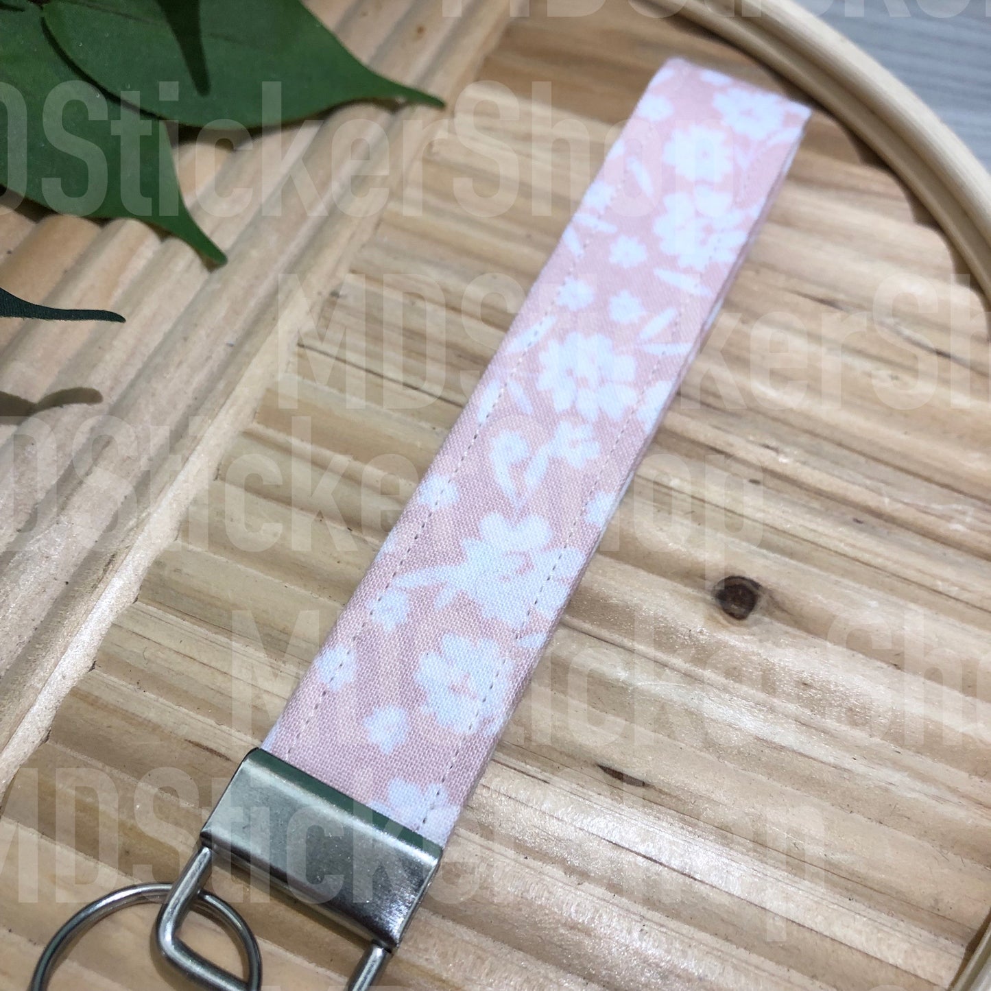 Light Pink and White Floral Print Fabric Keychain, Key Fob