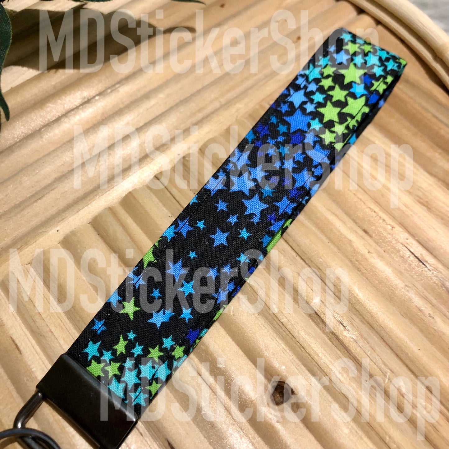 Blue/Green Star Print Fabric Keychain, Key Fob
