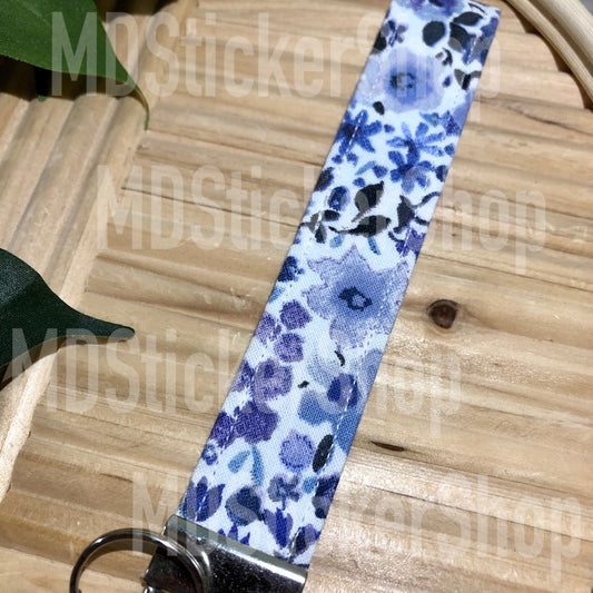 Blue and White Floral Print Fabric Keychain, Key Fob