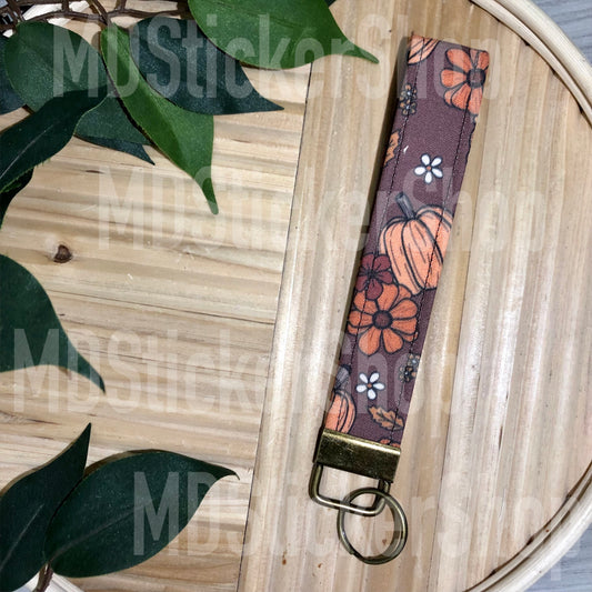 Brown Floral Pumpkin Print Fabric Keychain, Key Fob