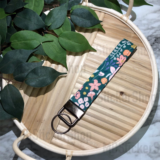 Deep Teal Floral Print Fabric Keychain, Key Fob