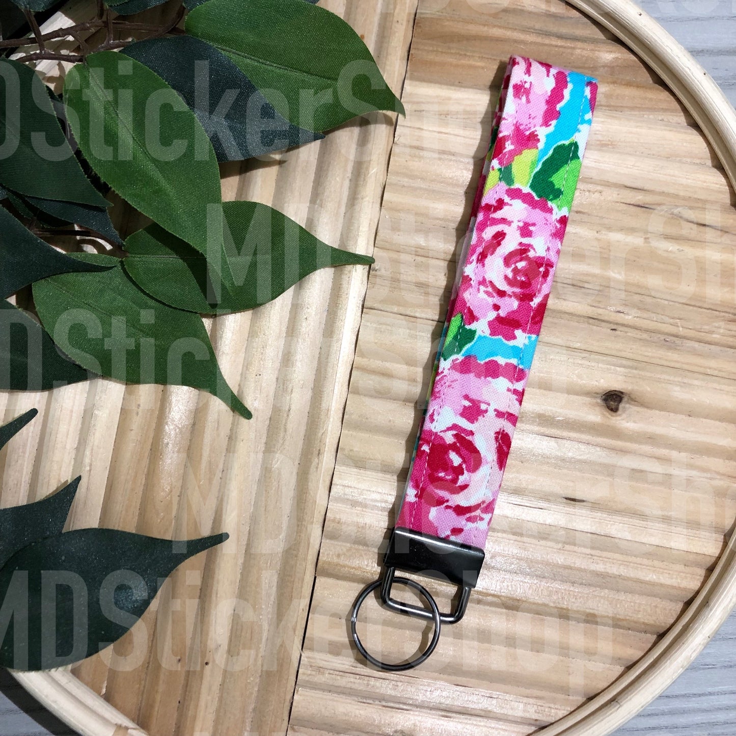 Watercolor Rose Print Fabric Keychain, Key Fob
