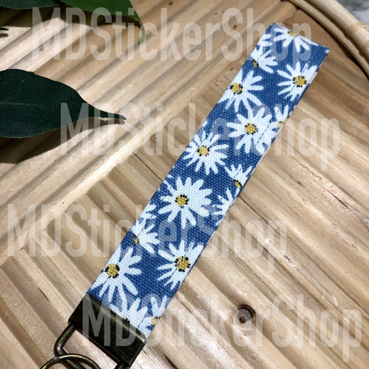 Blue Daisy Print Fabric Keychain, Key Fob